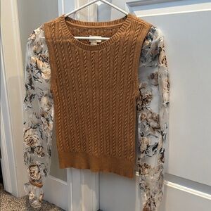 Anthropologie Brown Cable Knit Sweater with Floral Sleeves